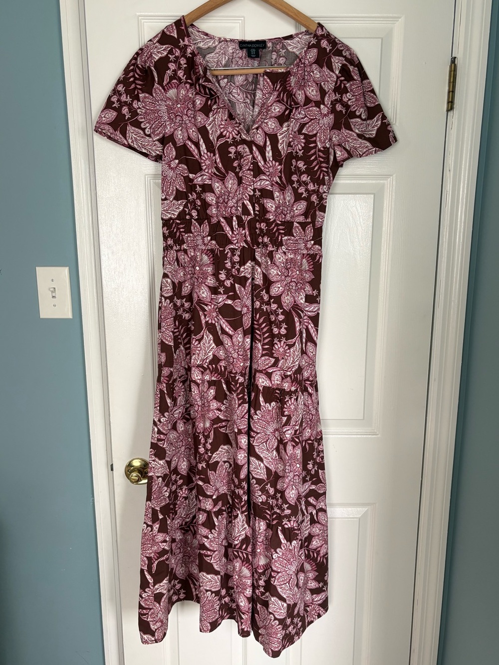 Cynthia Rowley Burgundy Maxi Dress with Pink Floral Print Size Medium